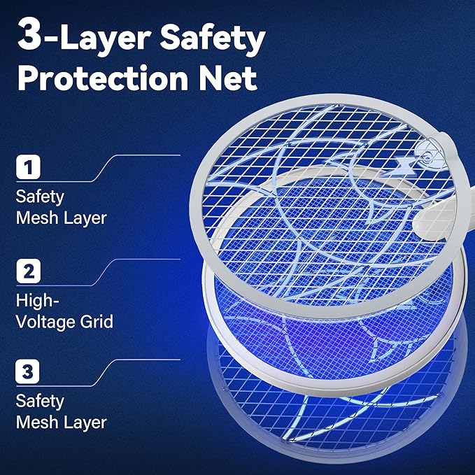 Electric Fly Swatter Racket, 2 in 1 Mosquito Bug Zapper 4100V Handheld Mosquito Killer with 1800 mAh Rechargeable Battery, Purple Light and 3-Layer Safety Mesh for Indoor Outdoor Grey