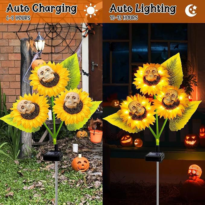 Halloween Decorations Outdoor, 3 Pack Solar Scary Skull Sunflowers Lights,Waterproof Solar Flowers Lights Garden Decor for Halloween Yard Patio Lawn Party Decor