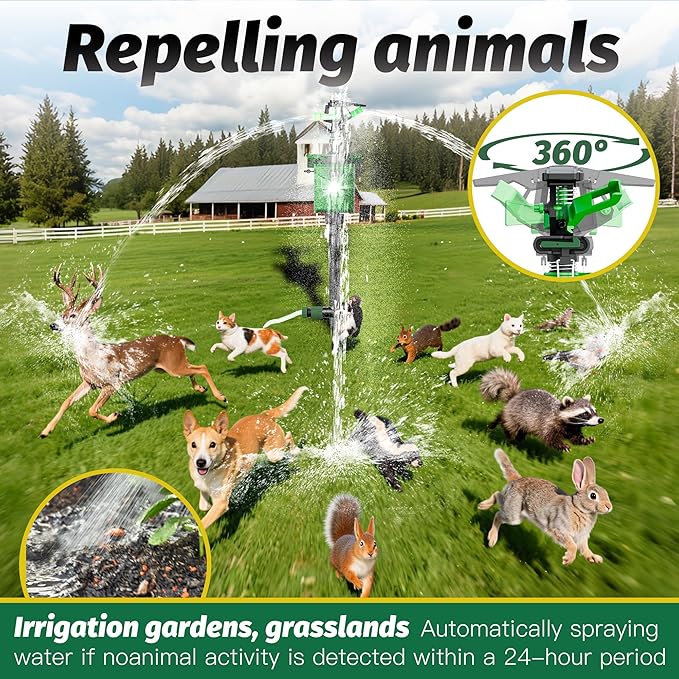 Motion Activated Animal Repeller with Water Sprinkler and Flashing Light, Solar Powerd Deer Cat Repellent Outdoor Deer Deterrent - Keep Rabbits Shunks Dog Raccoons Birds Away from Lawn and Garden