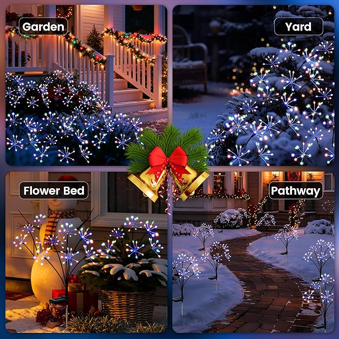 Solar Christmas Lights Outdoor, Solar Garden Decor, Outdoor Christmas Decorations, Gardening Supplies, Solar Powered Lights Waterproof for Yard Patio, Fairy Decor Firwork(8 Pack Multi-Colored)
