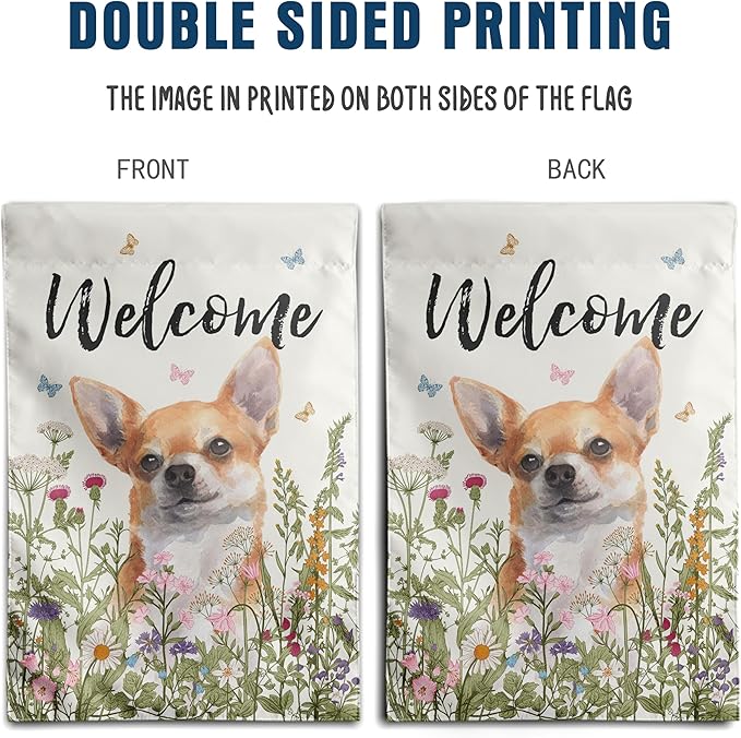 Floral Chihuahua Garden Flag Spring Summer Yard Flag Flower Dog Garden Flags for Outside Small Outdoor Welcome Flags 12x18 Double Sided