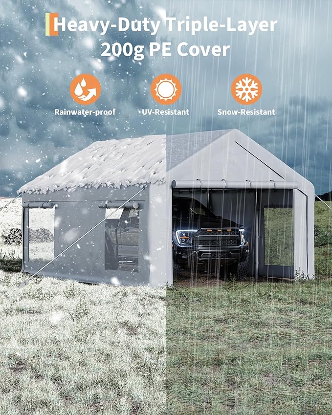 12x20 Ft Carport, Car Port with 200g PE Tarp, Roll-Up Doors, and 4 Windows, for Full-Size Pickups, Bass Boats, Tractors, and SUVs, White