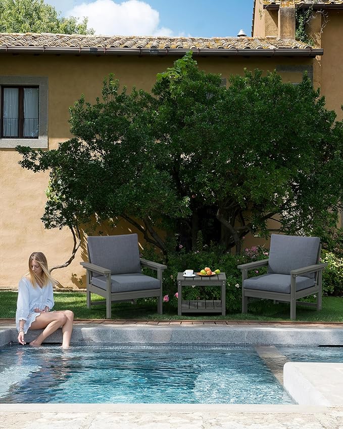 SERWALL HDPE Patio Sofa Set, 3-Piece Sectional Outdoor Furniture Set, All Weather Outdoor Couch Set Patio Furniture Set for Deck, Lawn, Grey Frame with Grey Cushion