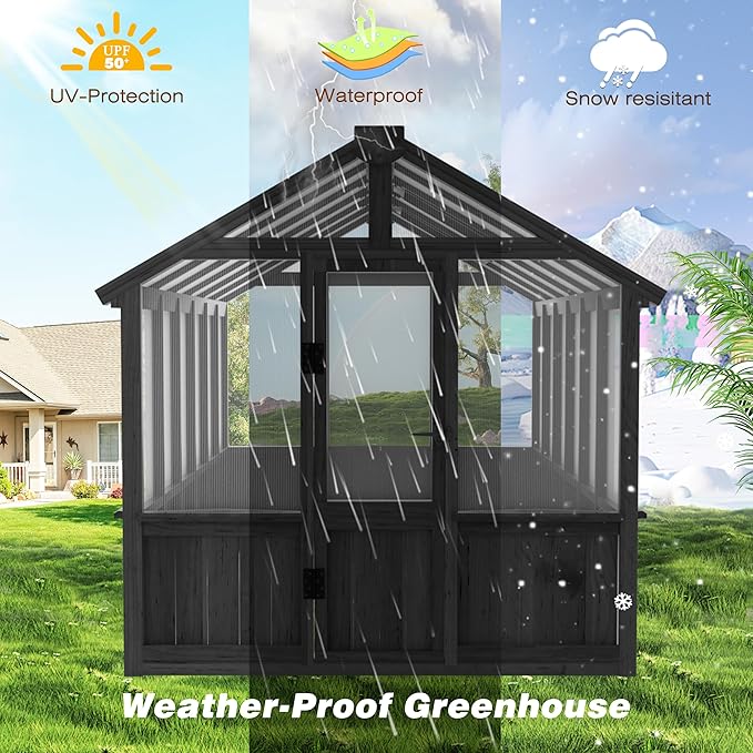 MUPATER 6' x 12' Walk-in Wooden Polycarbonate Greenhouse with Ventilated Window & Lockable Door, Multi-Layer PC Panels for UV Protection, Greenhouse Kit for Outdoor, Garden and Backyard, Black
