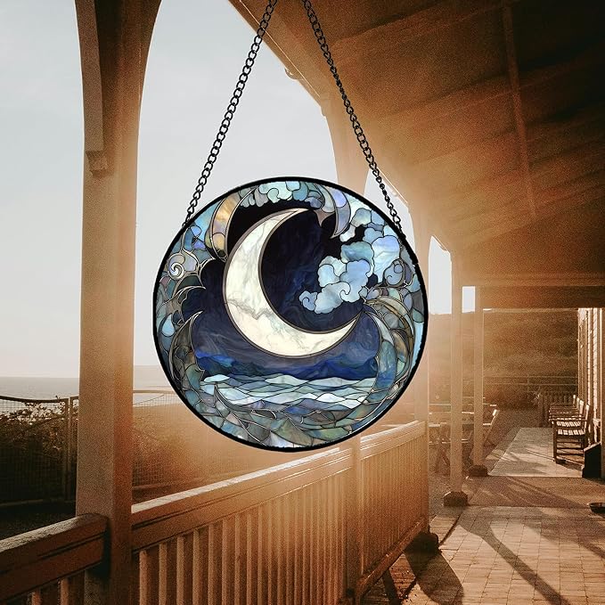 Stained Glass Window Hanging - Abstract Sea of Clouds Moon Sun Catcher for Door Terrace Garden Home Decor, Gray Blue Suncatcher Birthday Gifts for Lovers Women Men Dad Mom Nana 15 in