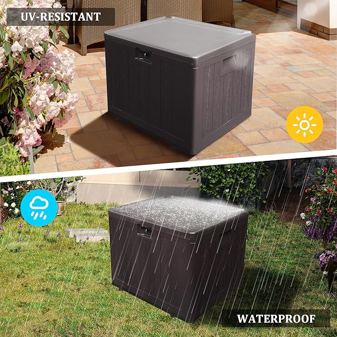 33GAL Brown Blow - Molded Outdoor Deck Box with Lockable Lid - Waterproof, SGS - Certified UV Resistance, Durable Construction for Garden Tool and Pool Accessory Storage, Simple Assembly