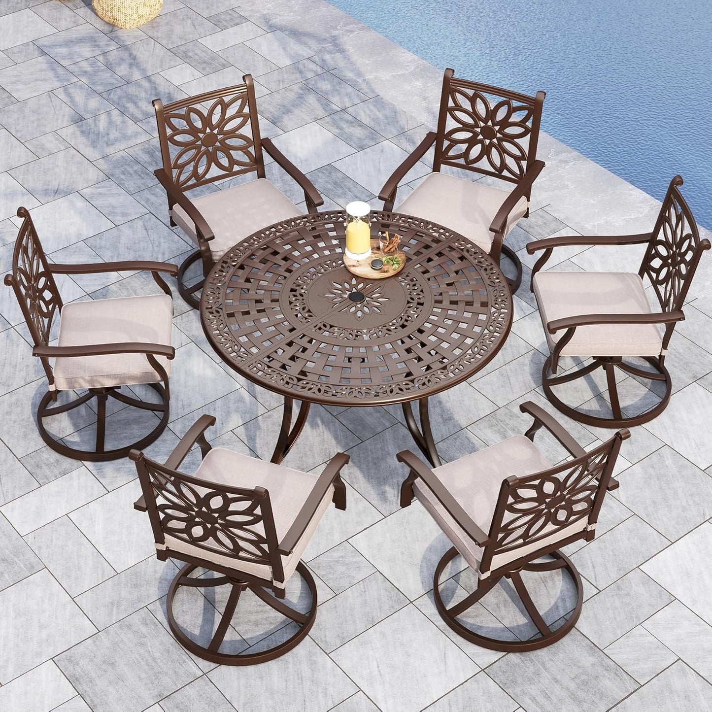Sophia & William 7 Pieces Cast Aluminium Patio Dining Furniture Set for 6, Outdoor Swivel Rocking Chairs and Round Table with 2.2" Umbrella Hole for Porch Backyard Deck, Bronze