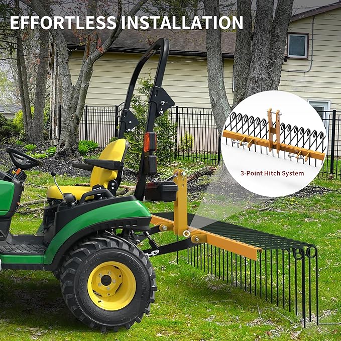 YITAMOTOR 72" Durable Powder Coated Steel Pine Straw Rake Steel Spring Landscape Rake Attaches to Cat-0 Cat-1,3 Point Hitch for Tractor, Yellow Black