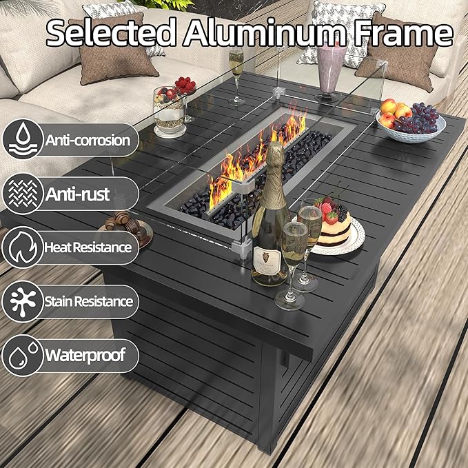 43.3 inch Outdoor Propane Fire Pit 2 in 1 Firepit Table Gas Fire Pit Table with Lid, Glass Wind Guard Rectangle Gas Firepit Table for Garden/Patio, CSA Certification (Dark Grey)