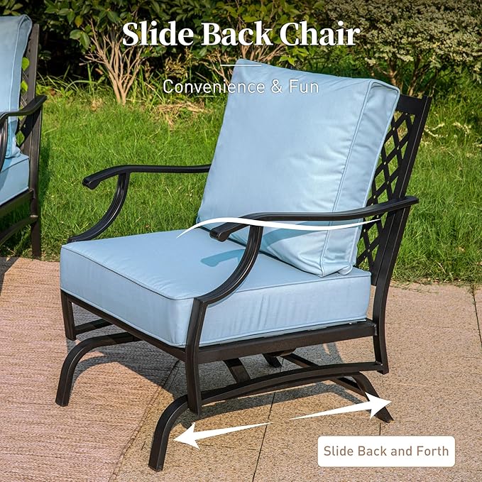 6 Piece Metal Outdoor Patio Furniture Set, Patio Conversation Set 1 3-Seater Sofa, 2 Rocking Chair, 2 Leg Chair with 5.75" Thick Cushion and Coffee Table, Backyard Furniture Set, Blue