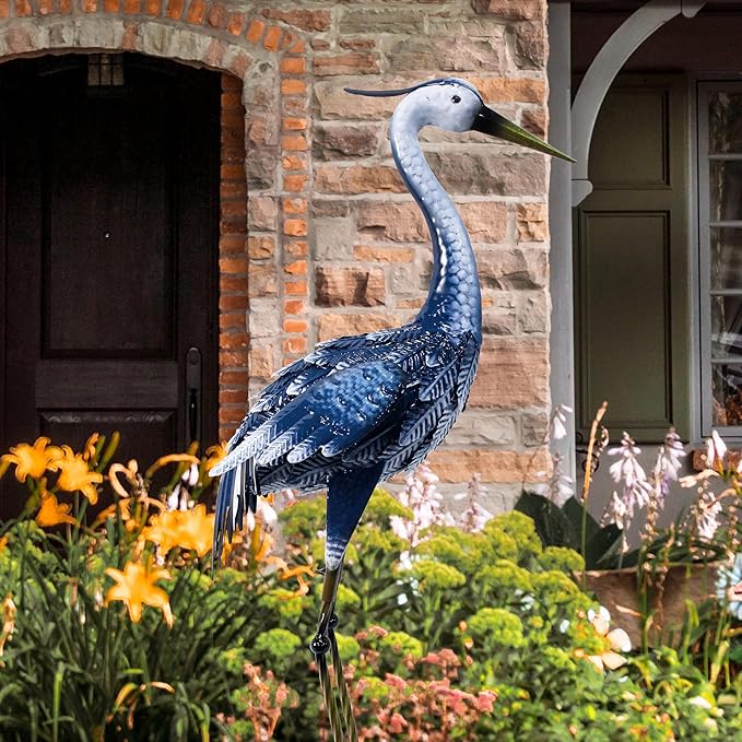 33 Inch Crane Statue for Garden Decorations, Metal Heron Yard Art, Outdoor Decor for Patio, Pond, and Backyard, Blue