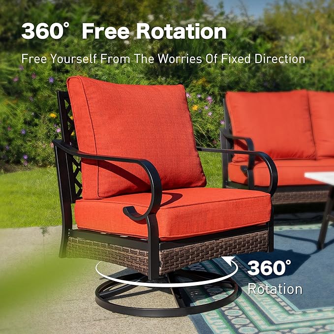 4 Piece Black Metal Outdoor Patio Furniture Sets with Firepit Table, Patio Conversation Sets 1 3-Seater Sofa, 2 Swivel Sofa with 5.75" Thick Cushion Backyard Furniture for Deck, Red