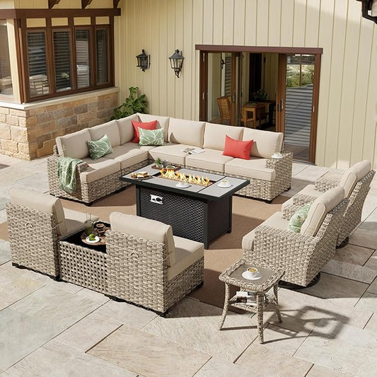 HOOOWOOO Outdoor Sectional Patio Furniture Set with Fire Pit Table,13 Pieces Wicker Conversation Sets L Shaped Couch,Extra Deep Out Door Sofa Outside Furniture with Swivel Chairs,Beige