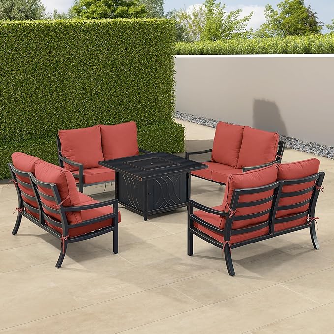 Oakland Living Black Aluminum Patio Fire Table Set with Four Deep Seating Loveseat with Cushions with Red Cushions