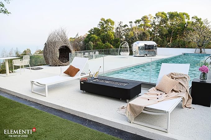 Elementi+ | Valencia Gas Fire Pit | Cast Concrete Body & Marble Porcelain Top | 62" Rectangular Fire Table | Electronic Ignition | Canvas Cover, Fire Glass & Burner Lid Included | Black | Natural Gas