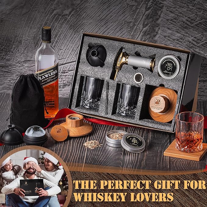 Old Fashioned Cocktail Smoker Kit for Whiskey, Bourbon, and Drinks with Cherry Smoker, Natural Wood Chip Flavors, Culinary Torch, Ice Cube Spheres, 2 Coasters, 2 Glasses