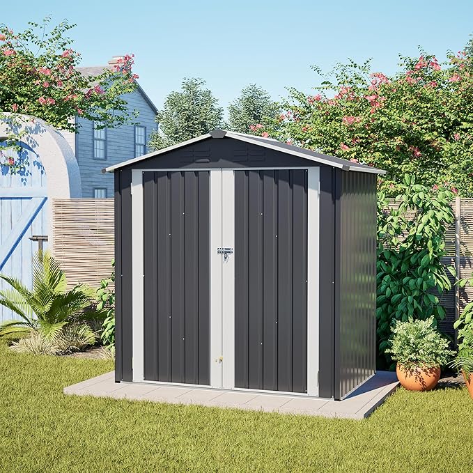 6 x 4 FT Outdoor Storage Shed with Floor Base & Lockable Hinge Door,Metal Garden Shed W/Sloped Roof,for Backyard Patio Lawn,Gray