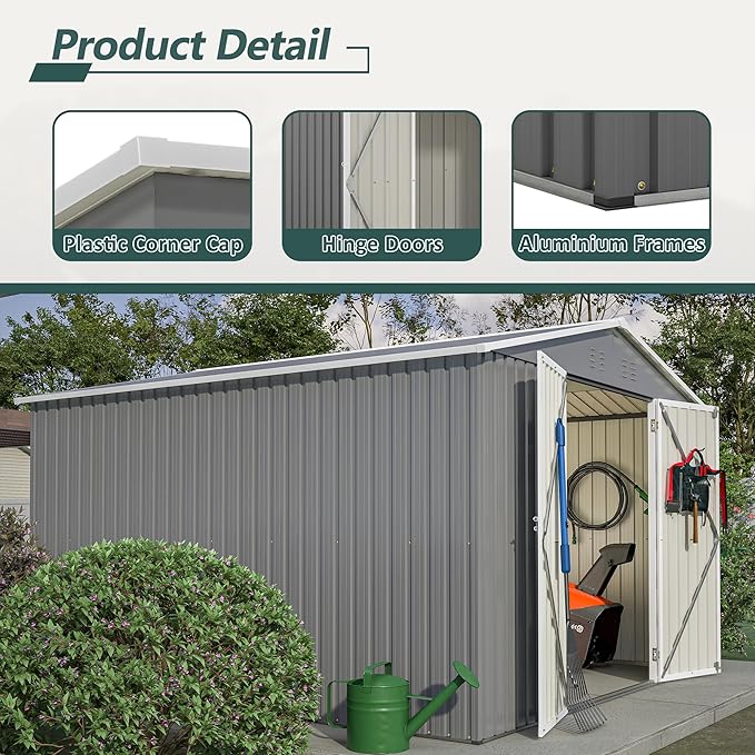 10X10 FT Outdoor Tool Storage Shed with Metal Foundation & Lockable Doors, All Weather Metal Sheds for Garden, Patio, Backyard, Lawn, Gray