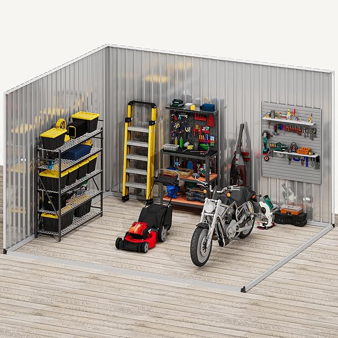 DWVO 10x8ft Large Tool Storage Shed with Window, Lockable Doors, and Sloped Roof, Oversized Steel Outdoor Storage Shed for Garden, Patio, Garage, Backyard, Lawn - Gray & White