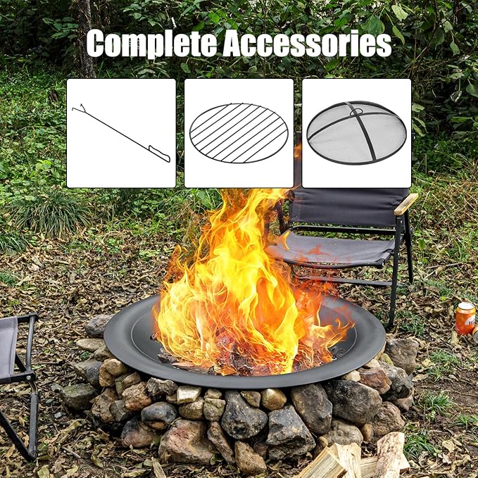 35 inch Steel Fire Pit Bowl for DIY or Replacement Existing Fire Pits, Wood Burning Fire Pit Bowl with Spark Screen &Fire Poker, Fireplace for Backyard, Porch, Deck, Camping, BBQ(Smooth)