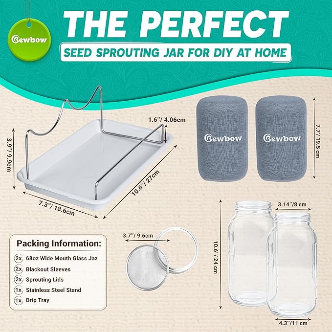 [LARGE SIZE] 2000ml(68oz) Seed Sprouting Mason Jar Kit with Stand,Drain Tray, Screen Lids,Blackout Sleeves,Good Ventilation & Drainage Capacity,Growing Fresh Organic Mung Beans,Broccoli & Microgreens