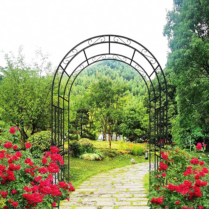 Metal Garden Arch 90" H Garden Arbor Trellis Climbing Plants Support Pattern Arch Outdoor Lawn Wedding Party Events Archway Black