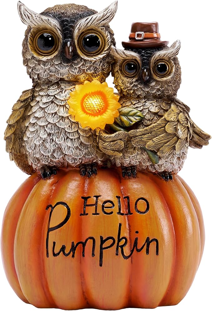 TERESA'S COLLECTIONS Fall Decor, Fall Owl Decor, Owl Perch on Pumpkin with Solar Light, Outdoor Fall Decor Waterproof Resin, Fall Gifts Outdoor/Indoor, 7.1"