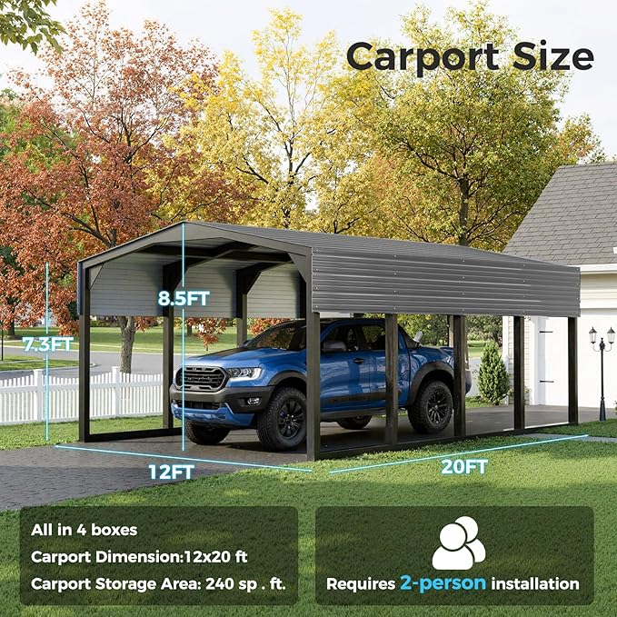 12×20 FT Heavy Duty Carport, Canopy with Galvanized Steel Frame and Roof All Metal Carport Garage, Car Shelter for Trucks, Boats, Tractors