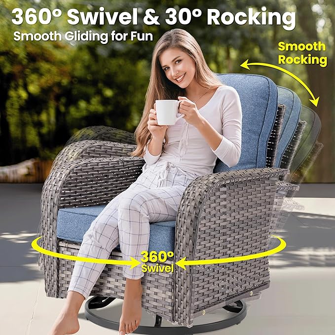 ovios 10 Pieces Patio Furniture Set, Outdoor Wicker Sofa Couch with Rocking Swivel Chairs Solar Lights Table Fire Pit, Modern Deep Seat Rattan Conversation Sets, Denim Blue