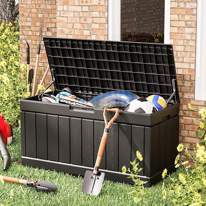 Greesum 82 Gallon Resin Deck Box All Weather Large Outdoor Storage for Patio Furniture, Toys, Garden Tools, Lockable, Black