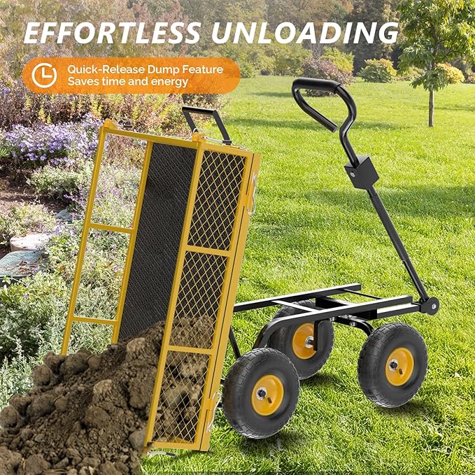 VINGLI Heavy Duty 880 LBS Mesh Steel Garden Cart, Dump Detachable Utility Wheelbarrow, Yard and Garden Wagon Cart with Removable Sides and 10 Inch Wheels(Yellow)