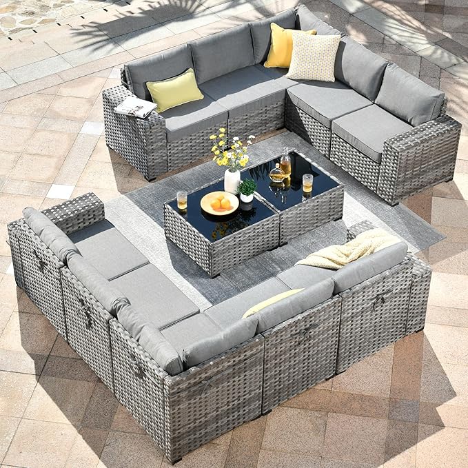 HOOOWOOO 12 Piece Modular Patio Outdoor Sectional Furniture Sofa Set,Wicker Conversation Set,Out Door Couch Set with Wide Arm for Outside All Weather(Dark Grey)