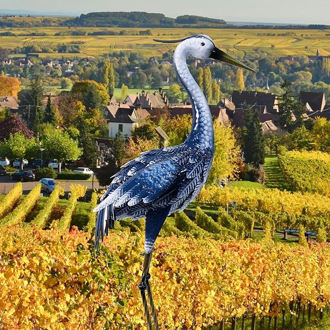 33 Inch Crane Statue for Garden Decorations, Metal Heron Yard Art, Outdoor Decor for Patio, Pond, and Backyard, Blue