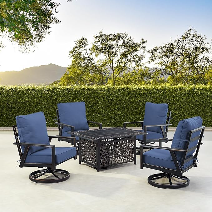 Oakland Living Black Aluminum Patio Fire Table Set with Four Club Chairs with Blue Cushions