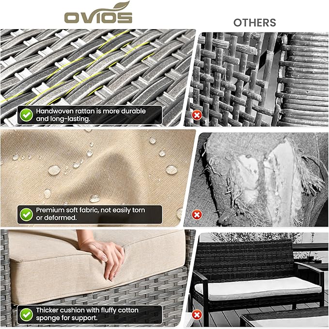 ovios Patio Furniture Set, 6 Pieces Outdoor Wicker Sofa Couch with Fire Pit Table, Ottomans and Comfy Cushions, All Weather High Back Rattan Conversation Set, Beige