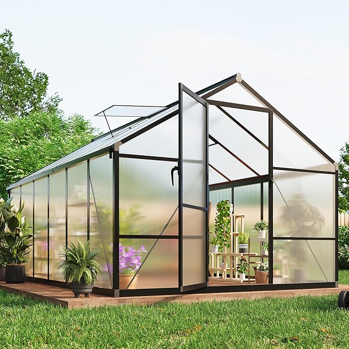 8 x 12 FT Greenhouse, Greenhouses for Outside, Polycarbonate Greenhouse with Aluminum Frame, Lockable Door and Ajustable Roof Vent for Backyard, Green Houses for Outside Garden Backyard, Patio