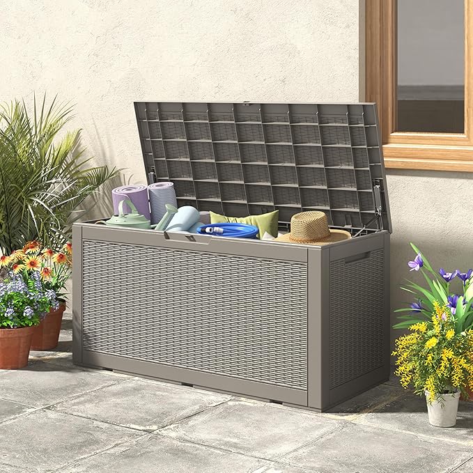 100 Gallon Resin Outdoor Storage Box,Waterproof Deck Box Lockable for Patio Furniture Cushions, Garden Tools, Heavy-Duty Double-Wall Structure with Gas Lift and Reinforced Seat Lid, Grey