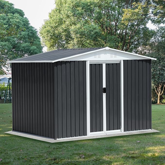 Ball & Cast 8x6 FT Outdoor Storage Shed, Metal Garden Sheds with Punched Vents and Sliding Door, Clearance Tool House with Aluminum Frames for Backyard Patio,Grey