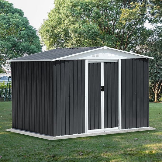 Ball & Cast 8x6 FT Outdoor Storage Shed, Metal Garden Sheds with Punched Vents and Sliding Door, Clearance Tool House with Aluminum Frames for Backyard Patio,Grey