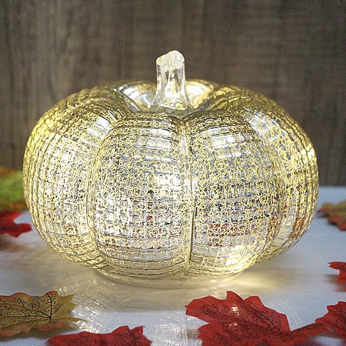 Mercury Glass Pumpkin Lights with Timer, Battery Operated Led Pumpkin Lights for Halloween Fall,Thanksgiving Rustic Decor (Silver Grid-Patterned, 5.5")