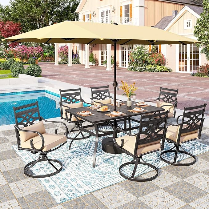 PHI VILLA Outdoor Patio Dining Set for 6 People with 15ft Umbrella(Beige),Includes 6 Outdoor Swivel Chairs with Cushions and a Metal Rectangular Table, Perfect for Garden, Lawn, or Deck