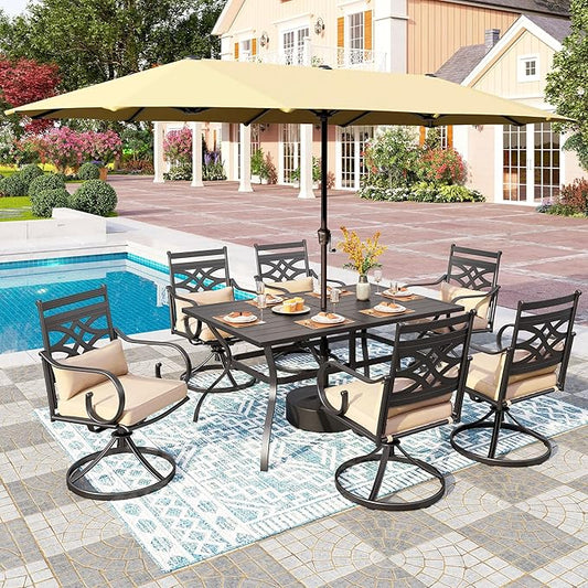 PHI VILLA Outdoor Patio Dining Set for 6 People with 15ft Umbrella(Beige),Includes 6 Outdoor Swivel Chairs with Cushions and a Metal Rectangular Table, Perfect for Garden, Lawn, or Deck