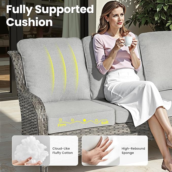 ovios 10 Pieces Patio Furniture Set, Outdoor Wicker Sofa Couch with Swivel Chairs 54" Fire Pit Table, All Weather High Back Modern Conversation Sets, Grey Rattan, Grey