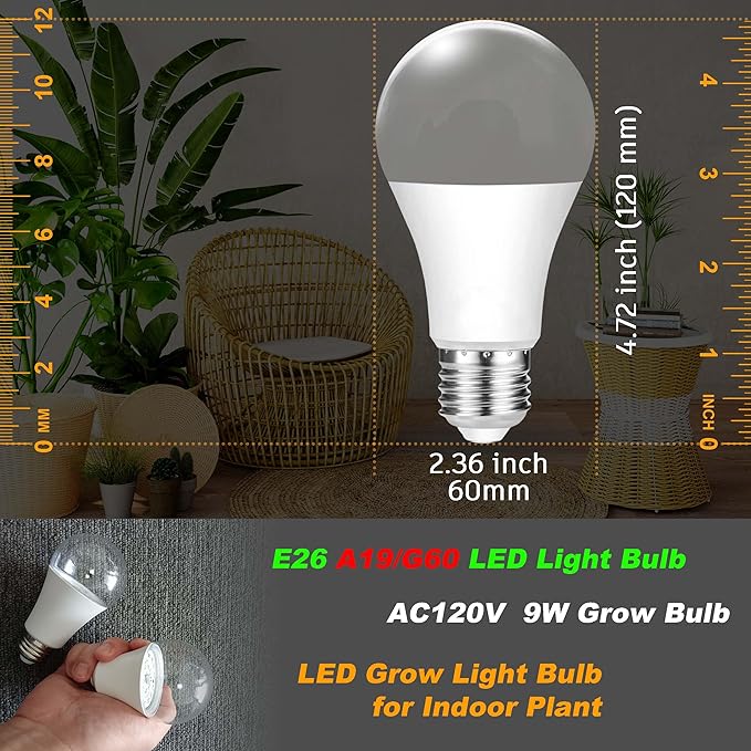 LED Grow Light Bulb for Indoor Plant 9W A19 Plant Light Bulb for Winter with 5000K Red Blue 100W Equivalent Full Spectrum E26 Grow Light Bulb for Seed Starting, Flowers, Hydroponic, Succulents, 3 Pack