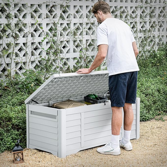 DWVO Large Deck Box 120 Gallon Waterproof Outdoor Storage Box, Extra Large Outdoor Bin, Resin Louvered Patio Storage for Indoor Pillows, Garden Tools & Pool Supplies, Lockable, White