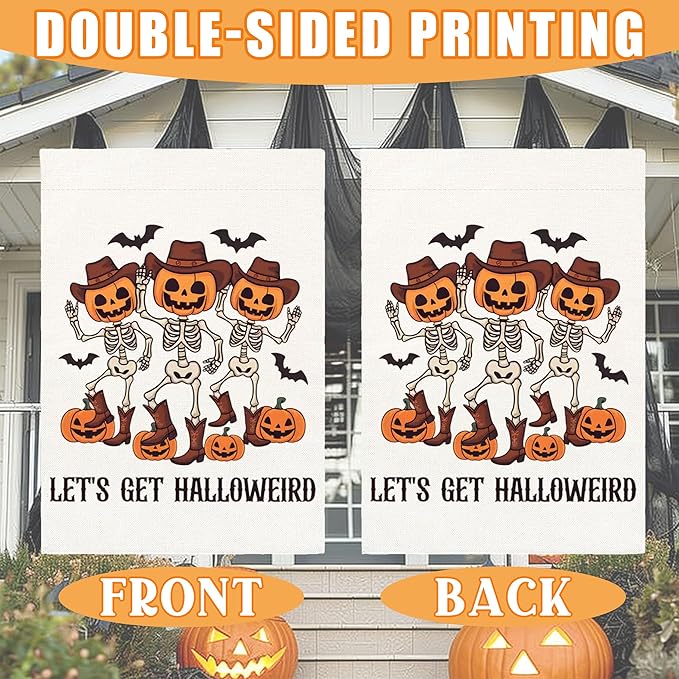 Let's Get Halloweiro Halloween Garden Flag for Outside, 12x18 Inch Double Sided Halloween Pumpkin Yard Flag, Farmhouse Small Yard Flags for Outdoor Decorations, Holiday Decor Gifts-A10