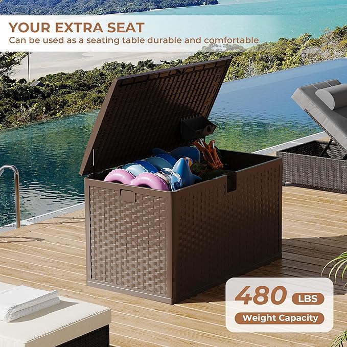 120Gallon Brown Resin Deck Box, Outdoor Storage Box Waterproof Lockable, Patio Deck Box For Package Delivery, Outside Storage Box Container for Furniture Cushions, Garden Tools, Pool Accessories