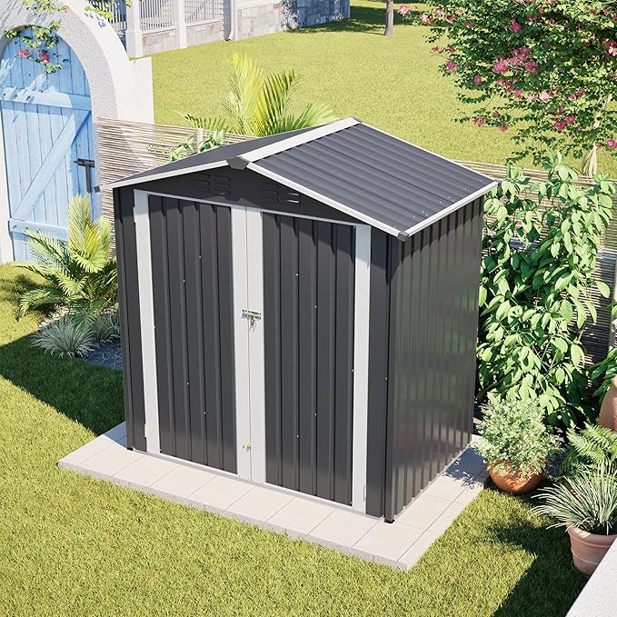 6 x 4 FT Outdoor Storage Shed with Floor Base & Lockable Hinge Door,Metal Garden Shed W/Sloped Roof,for Backyard Patio Lawn,Gray