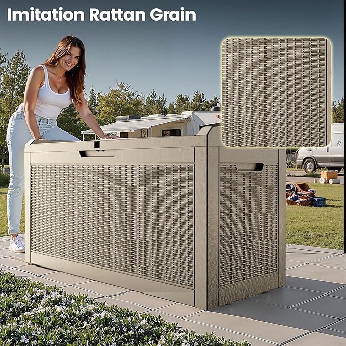 60 Gallon Outdoor Storage Box - Waterproof Resin Rattan Deck Bin for Indoor & Outdoor Use - Lockable & UV Resistant - Ideal for Package Storage, Patio Cushions & Gardening Tools, Brown