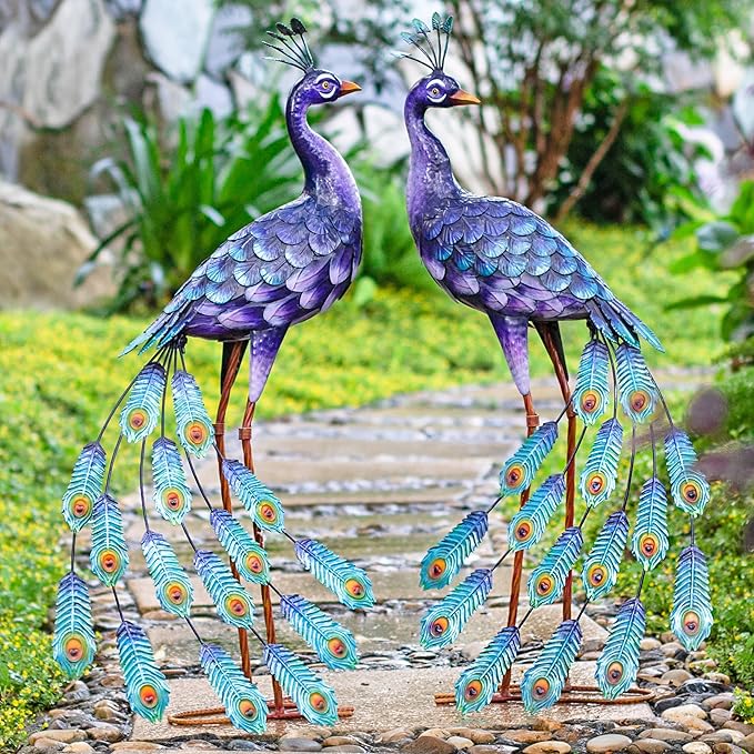 Kircust Purple Peacock Garden Statue and Sculpture, Metal Peacocks Yard Art Lawn Decor, Large Birds Garden Sculptures & Statues for Patio Backyard Pond Home Decoration